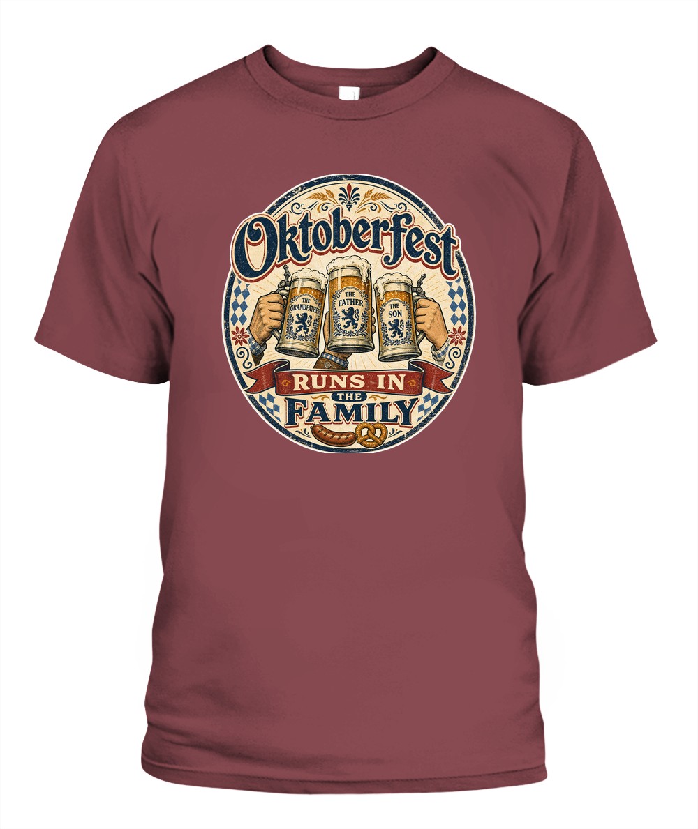 Oktoberfest Runs In The Family Oktoberfest T-Shirt in Chili
