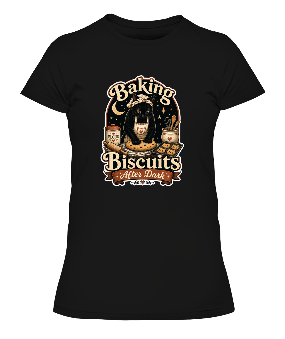 Baking Biscuits After Dark Ladies T-Shirt | Black Cat Lover Gift
