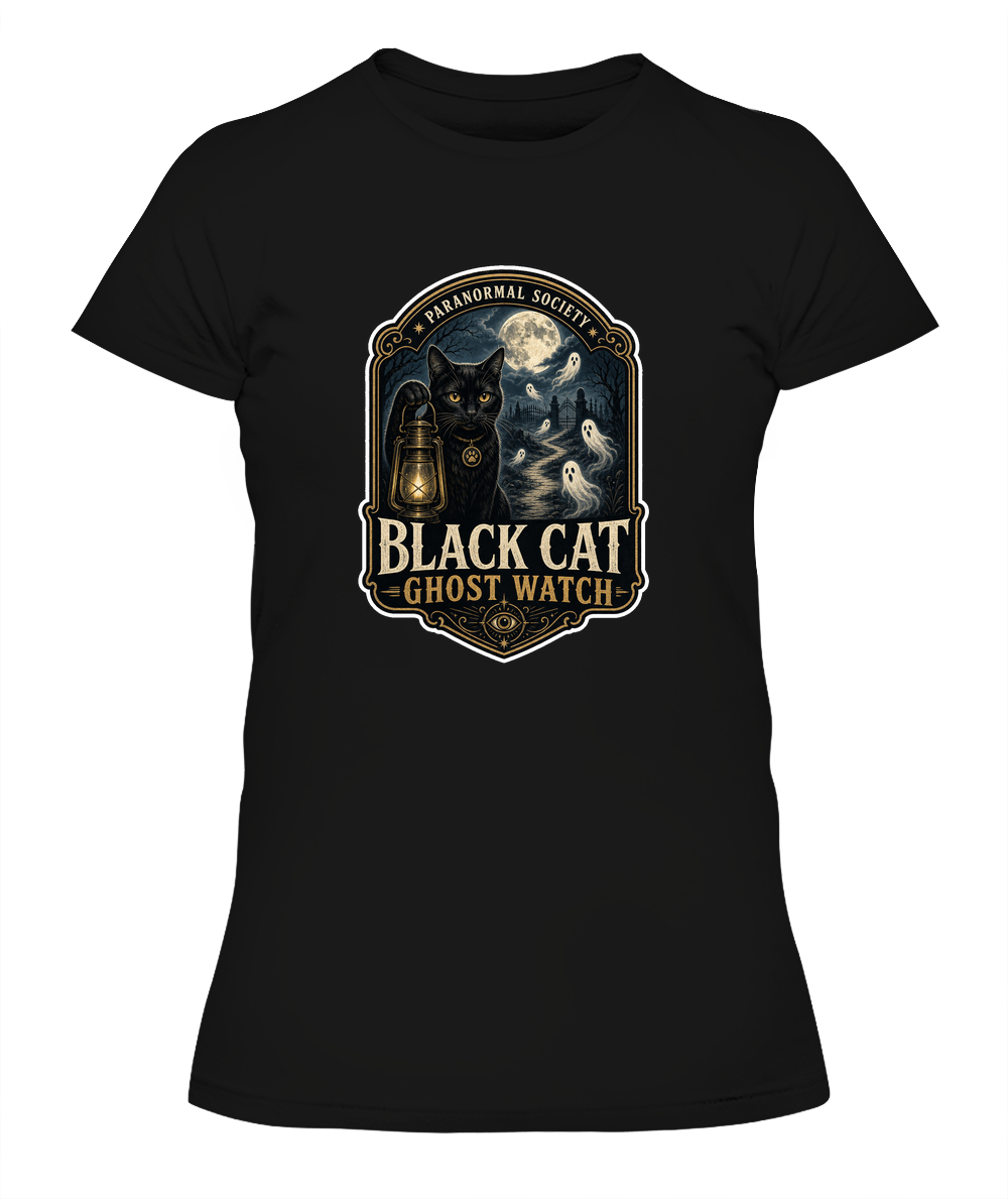 Black Cat Ghost Watch Ladies T-Shirt | Black Cat Lover Gift