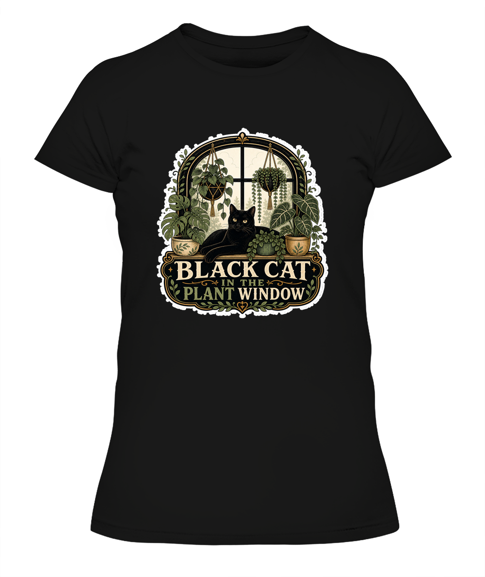 Black Cat in the Plant Window Ladies T-Shirt | Black Cat Lover Gift