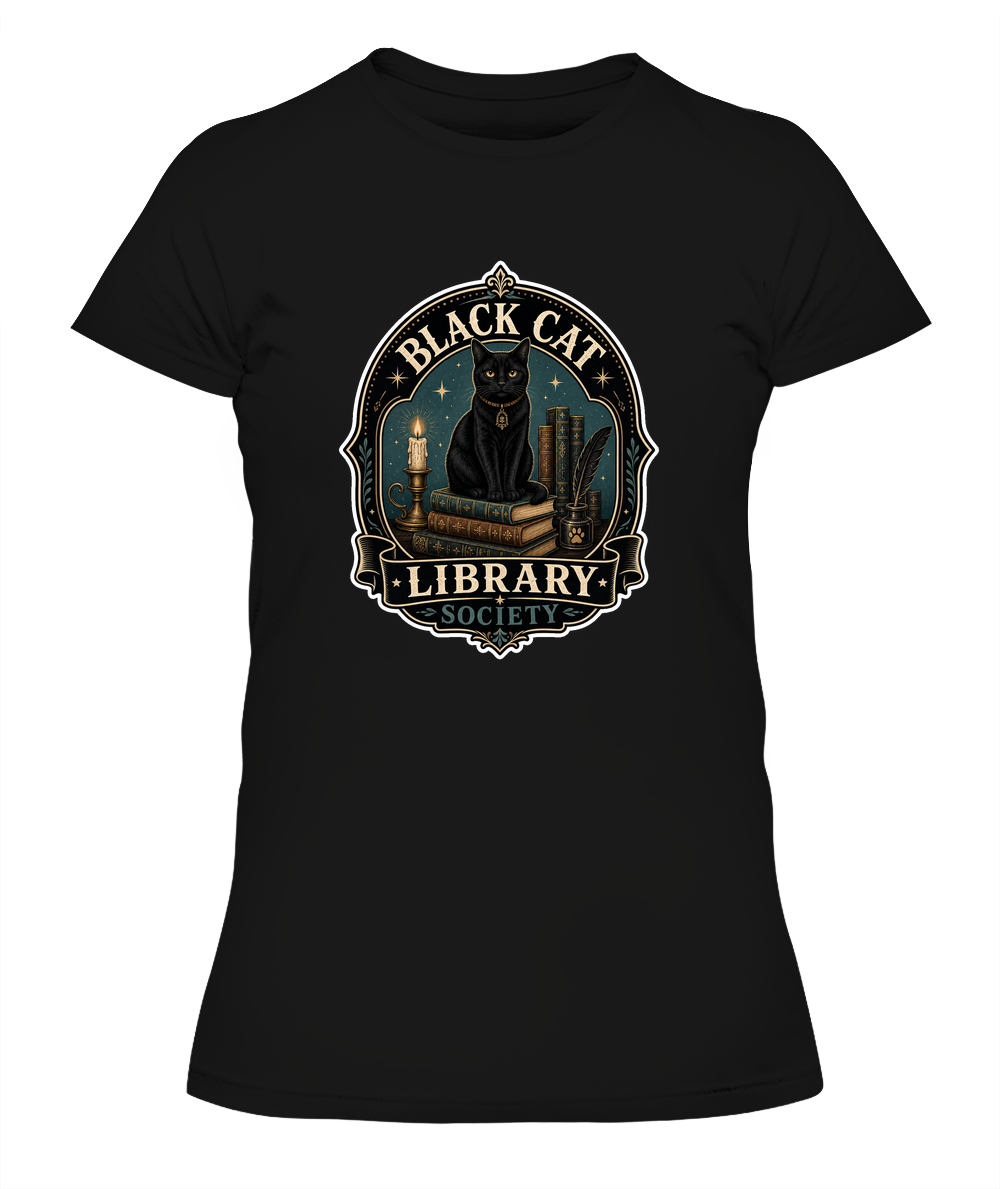 Black Cat Library Society Ladies T-Shirt | Black Cat Lover Gift