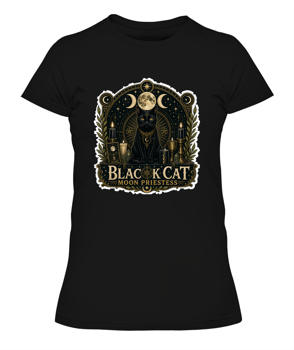 Black Cat Moon Priestess Ladies T-Shirt | Black Cat Lover Gift