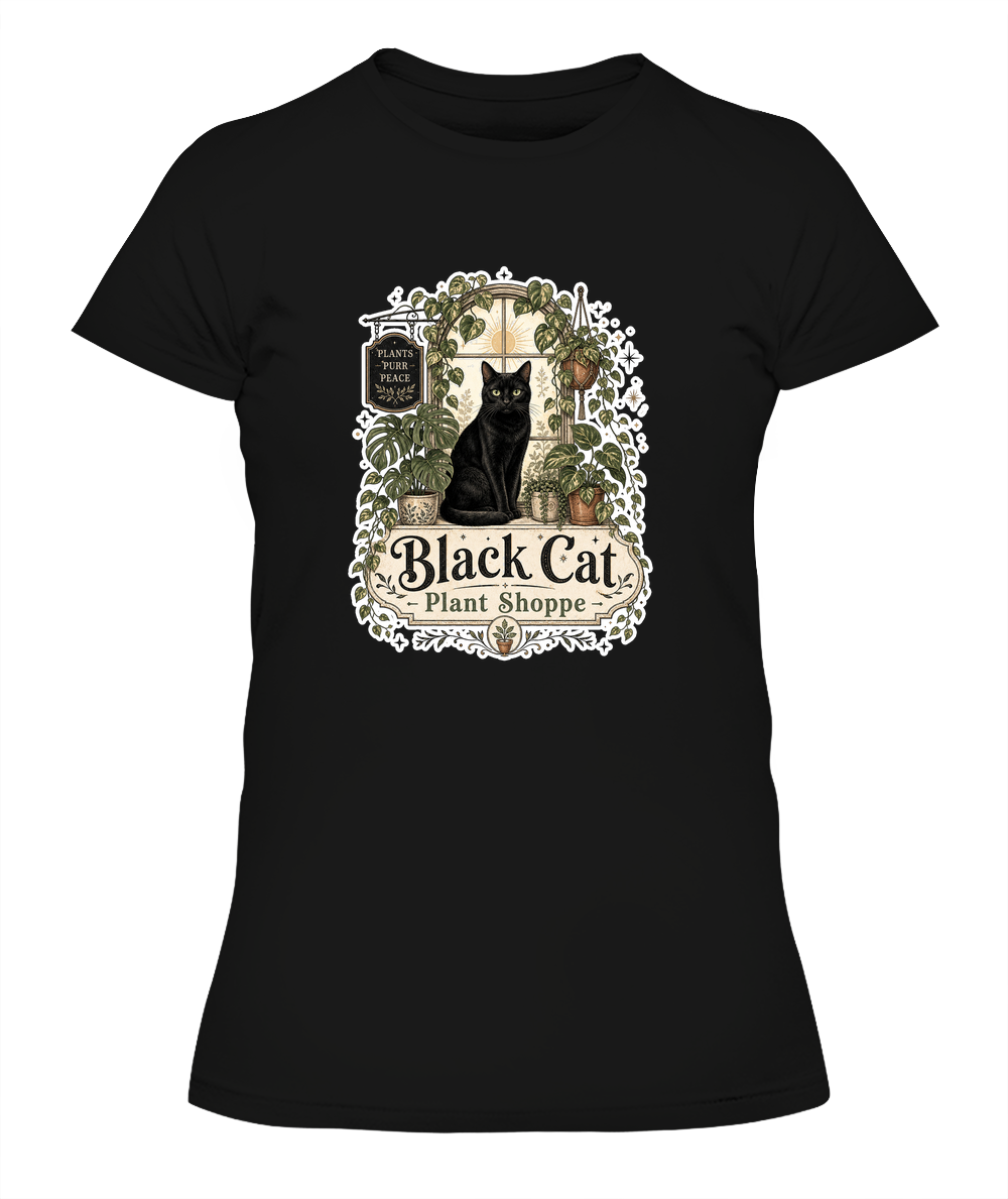 Black Cat Plant Shoppe Ladies T-Shirt | Black Cat Lover Gift