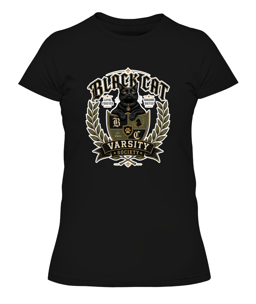 Black Cat Varsity Society Ladies T-Shirt | Black Cat Lover Gift