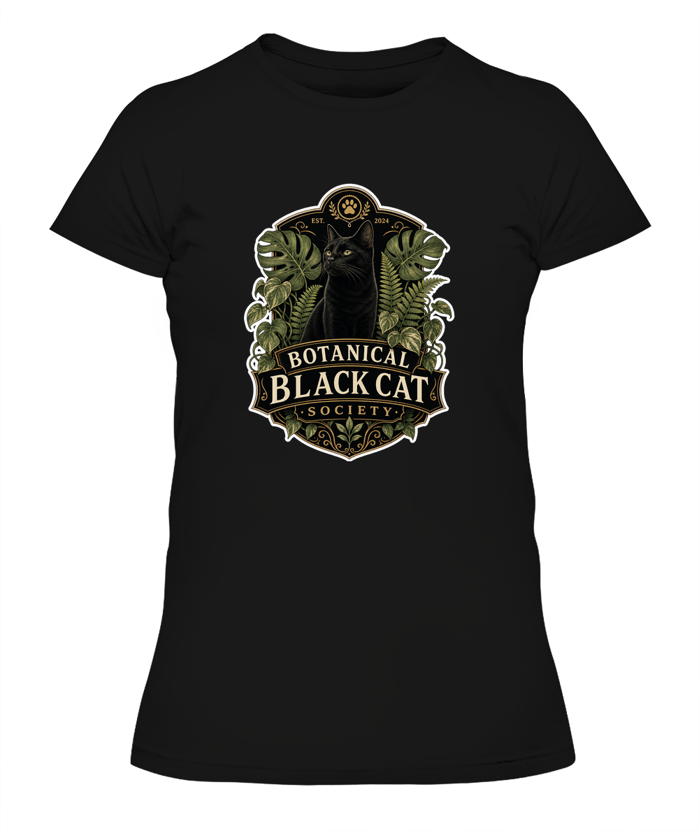 Botanical Black Cat Society Ladies T-Shirt | Black Cat Lover Gift