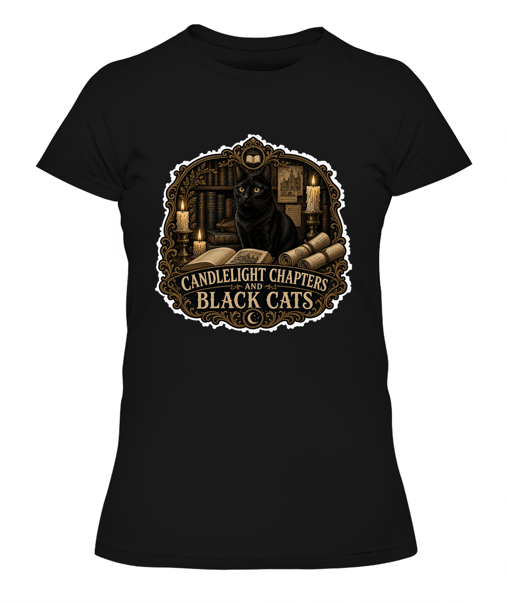 Candlelight Chapters and Black Cats Ladies T-Shirt | Black Cat Lover Gift