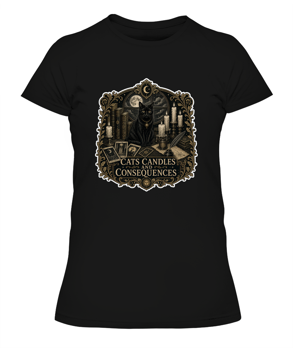 Cats Candles and Consequences Ladies T-Shirt | Black Cat Lover Gift