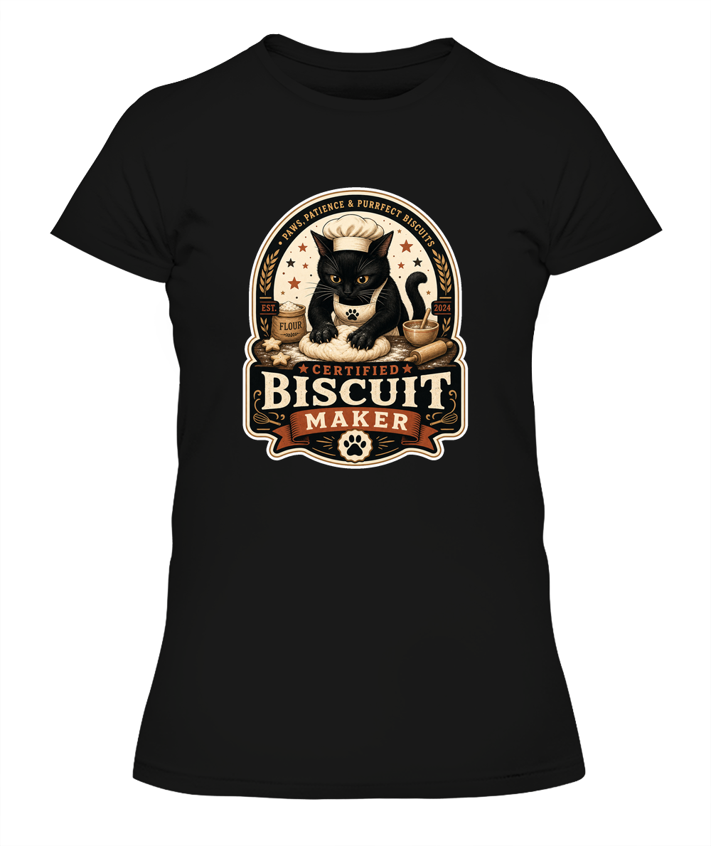 Certified Biscuit Maker Ladies T-Shirt | Black Cat Lover Gift