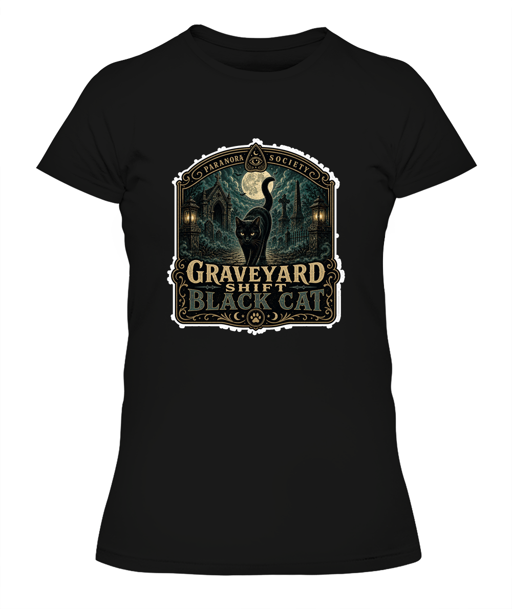 Graveyard Shift Black Cat Ladies T-Shirt | Black Cat Lover Gift