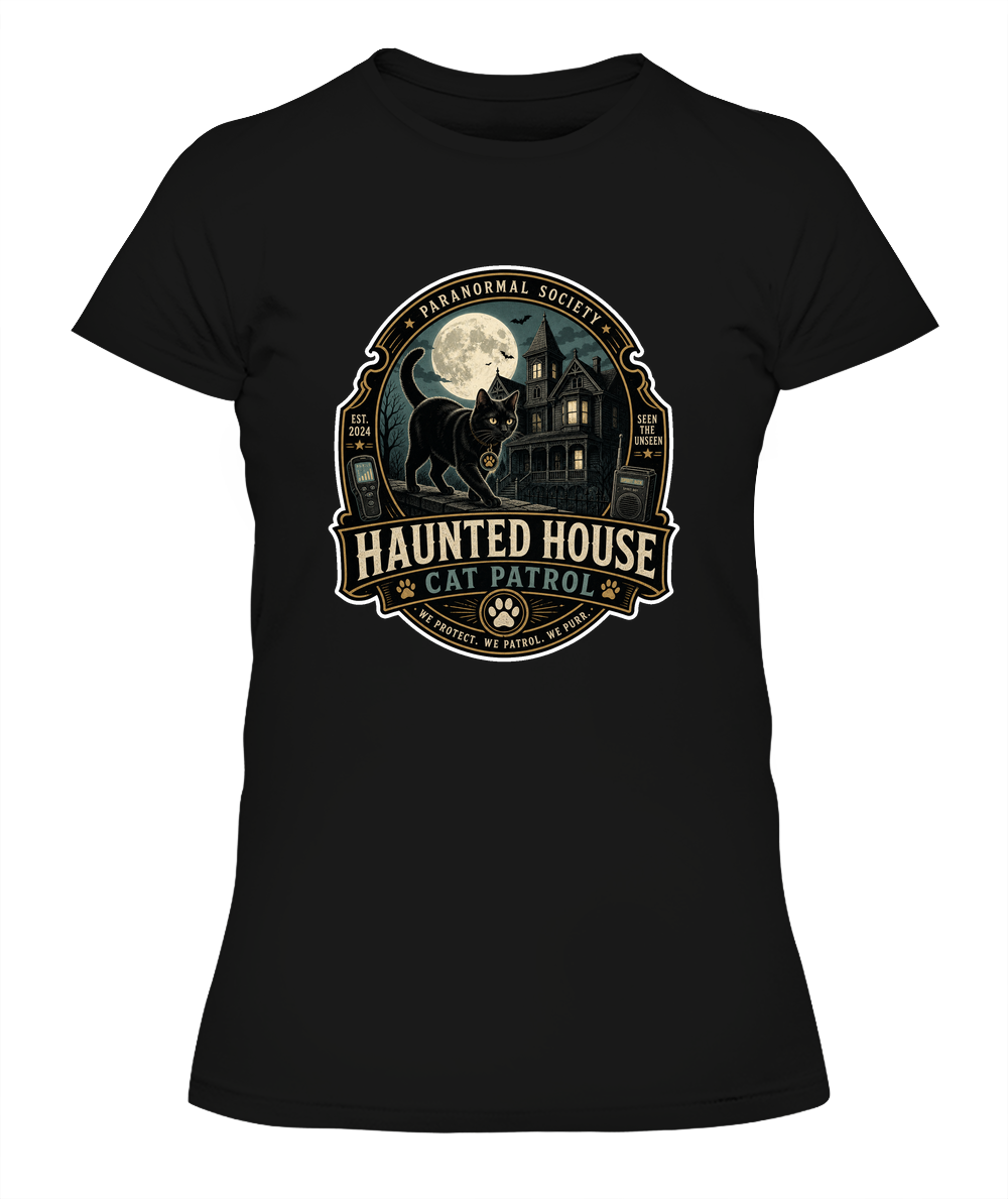 Haunted House Cat Patrol Ladies T-Shirt | Black Cat Lover Gift