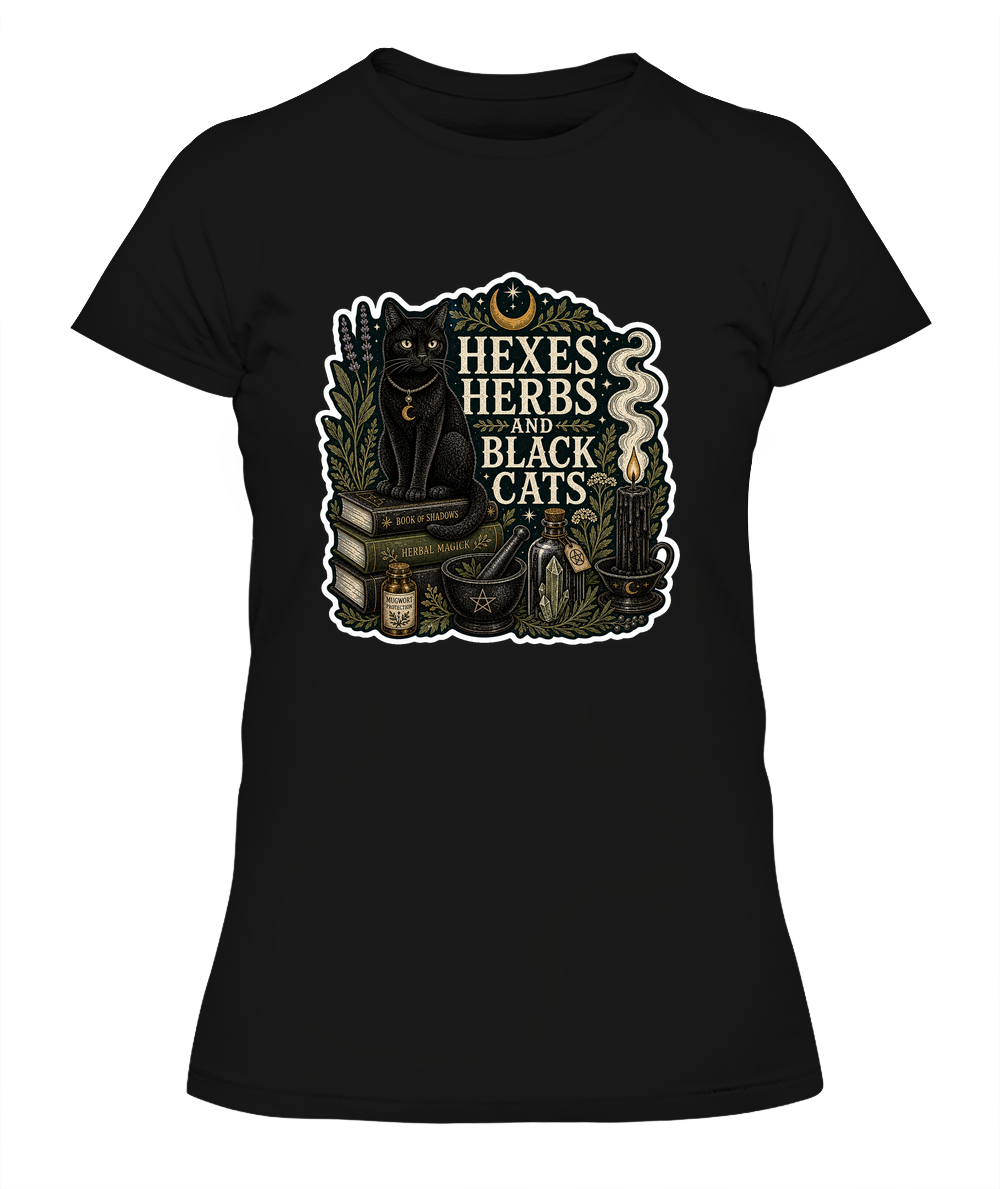 Hexes Herbs and Black Cats Ladies T-Shirt | Black Cat Lover Gift