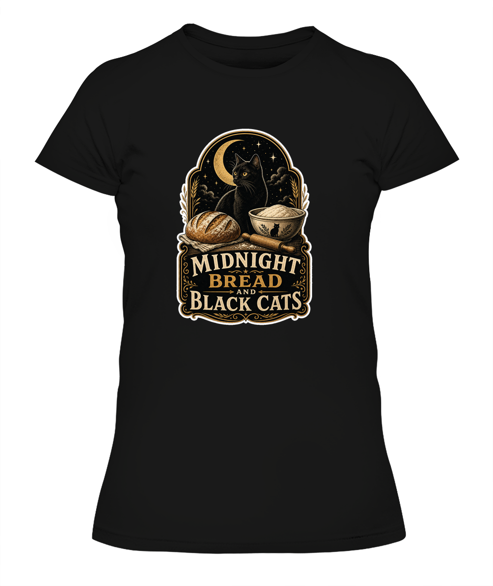 Midnight Bread and Black Cats Ladies T-Shirt | Black Cat Lover Gift