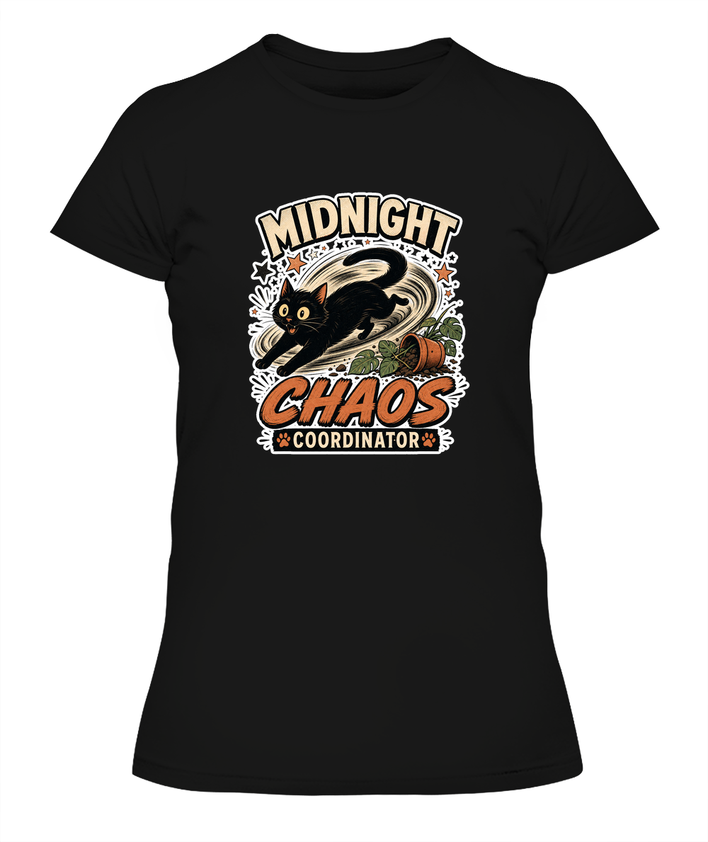 Midnight Chaos Coordinator Ladies T-Shirt | Black Cat Lover Gift