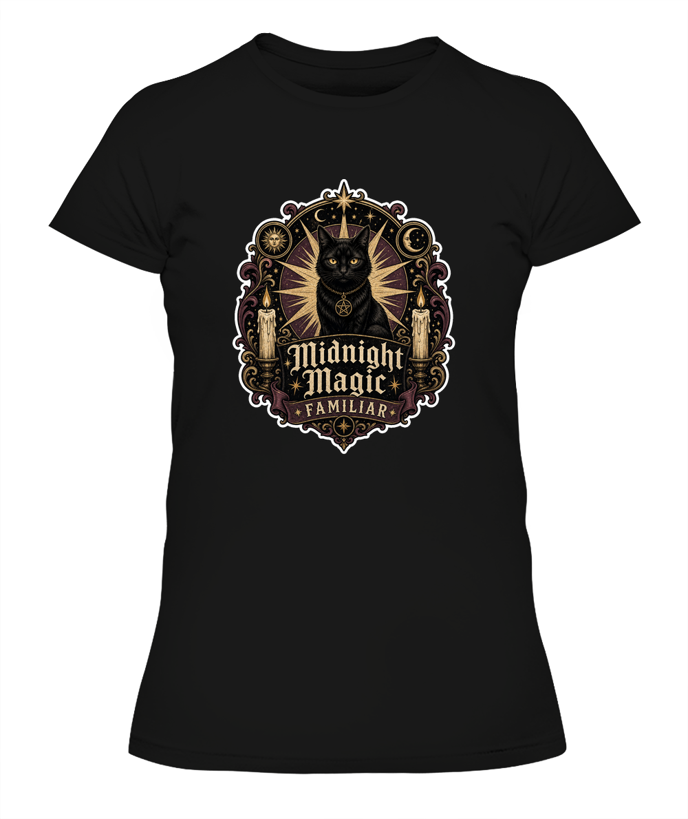 Midnight Magic Familiar Ladies T-Shirt | Black Cat Lover Gift
