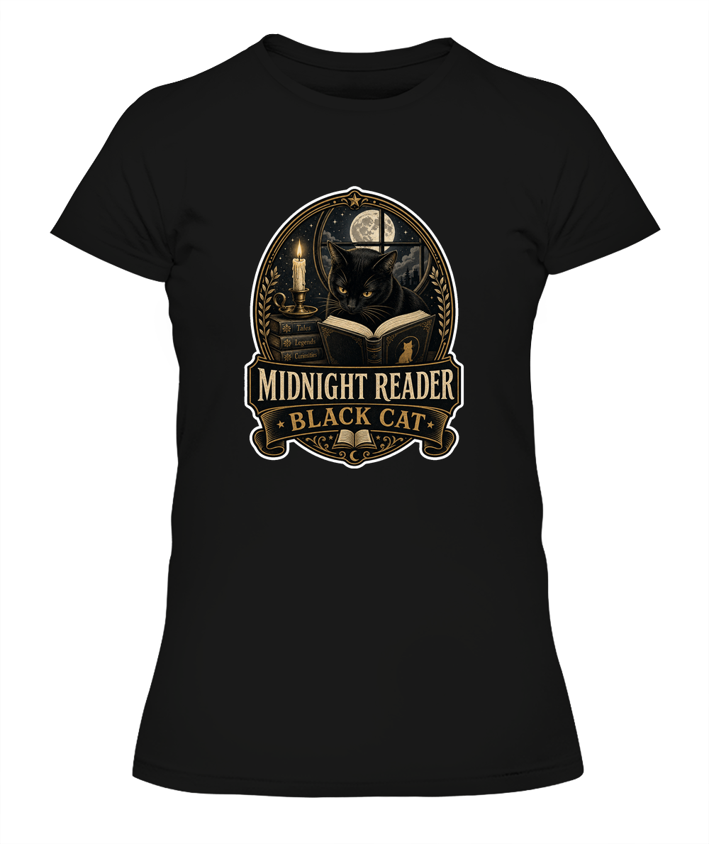 Midnight Reader Black Cat Ladies T-Shirt | Black Cat Lover Gift