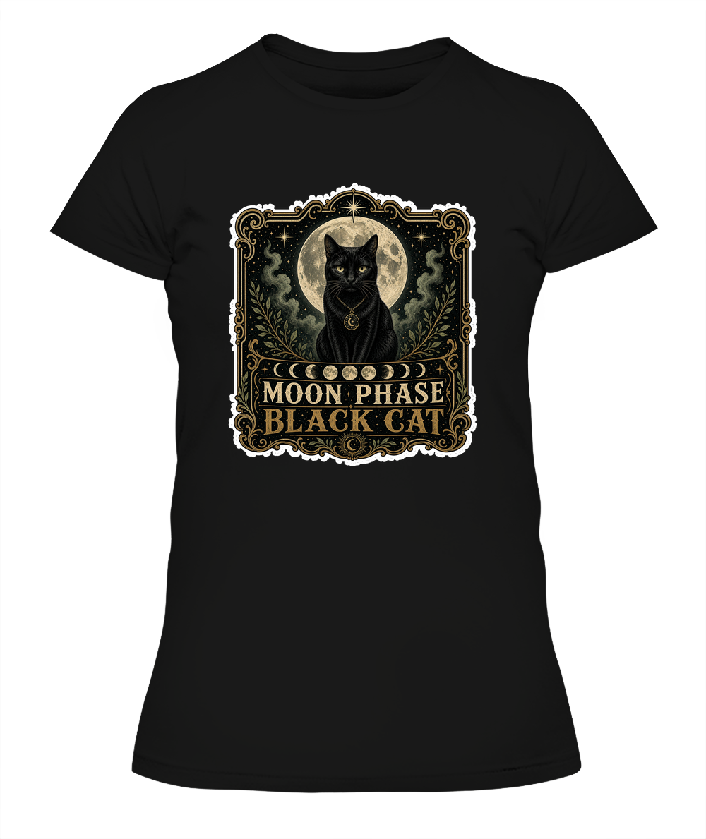 Moon Phase Black Cat Ladies T-Shirt | Black Cat Lover Gift