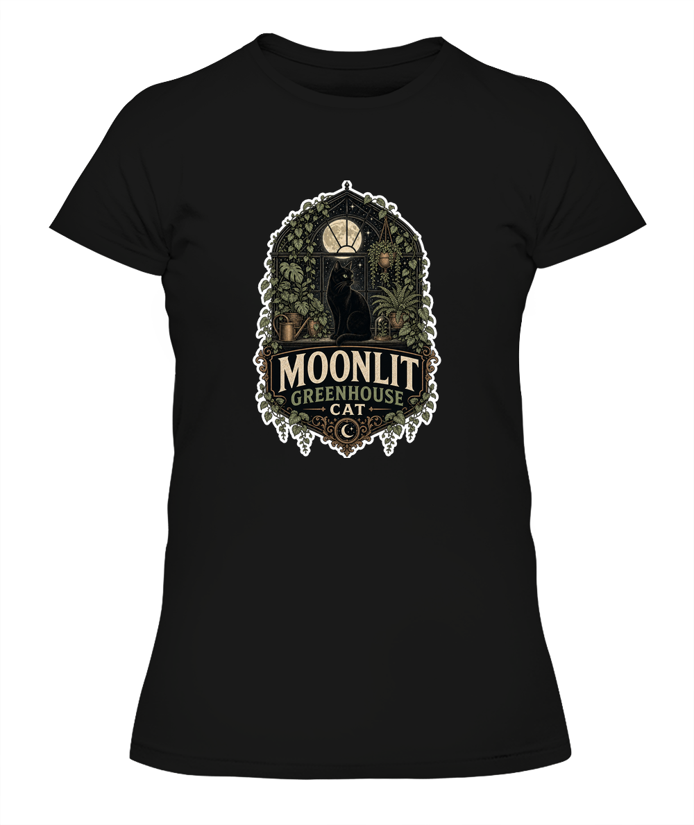 Moonlit Greenhouse Cat Ladies T-Shirt | Black Cat Lover Gift