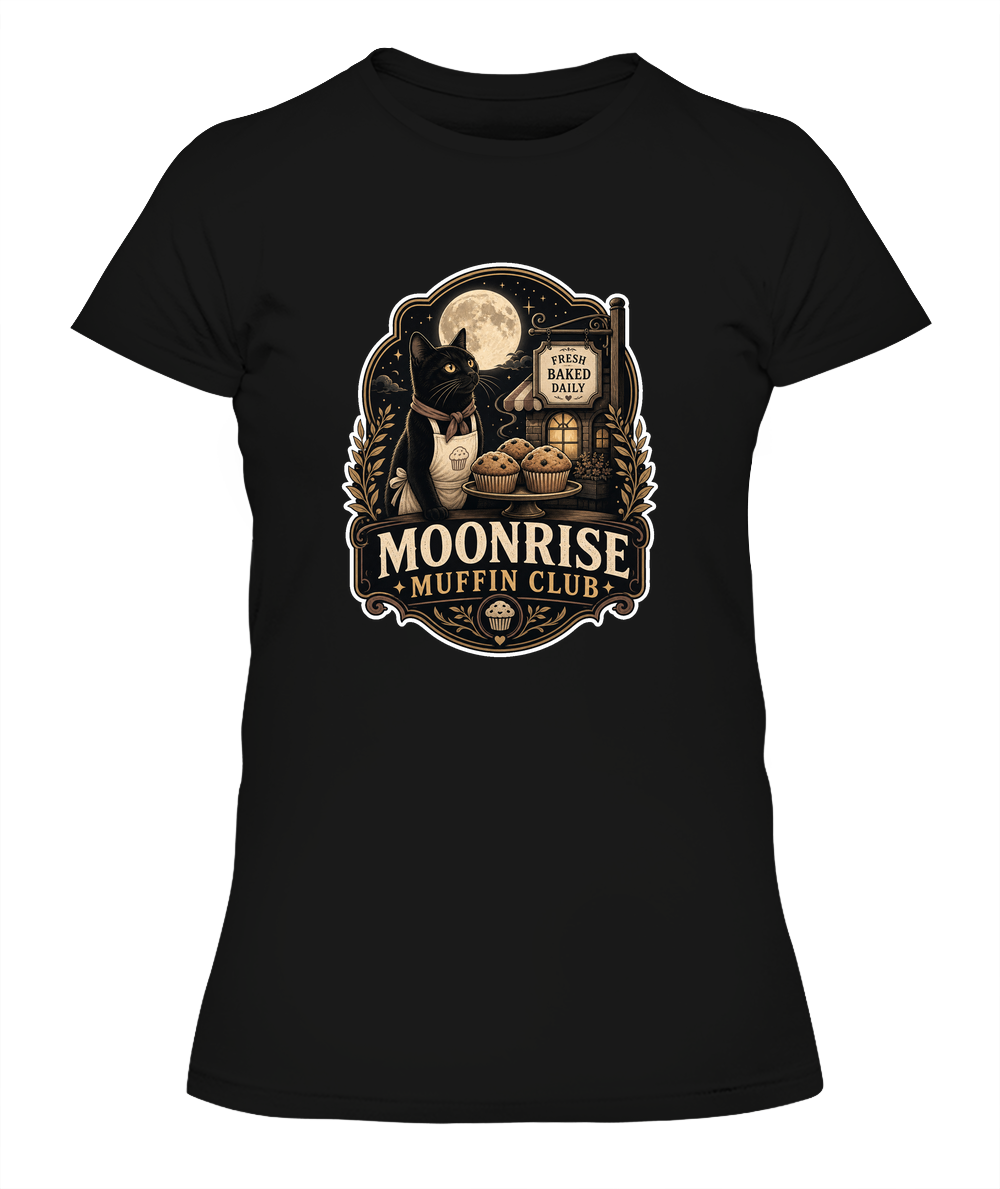 Moonrise Muffin Club Ladies T-Shirt | Black Cat Lover Gift