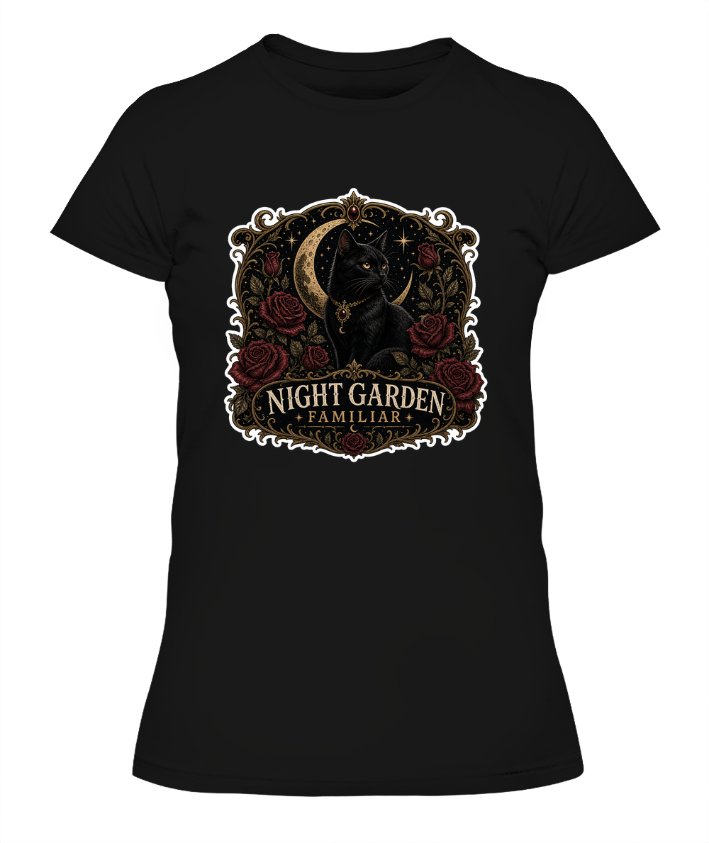 Night Garden Familiar Ladies T-Shirt | Black Cat Lover Gift