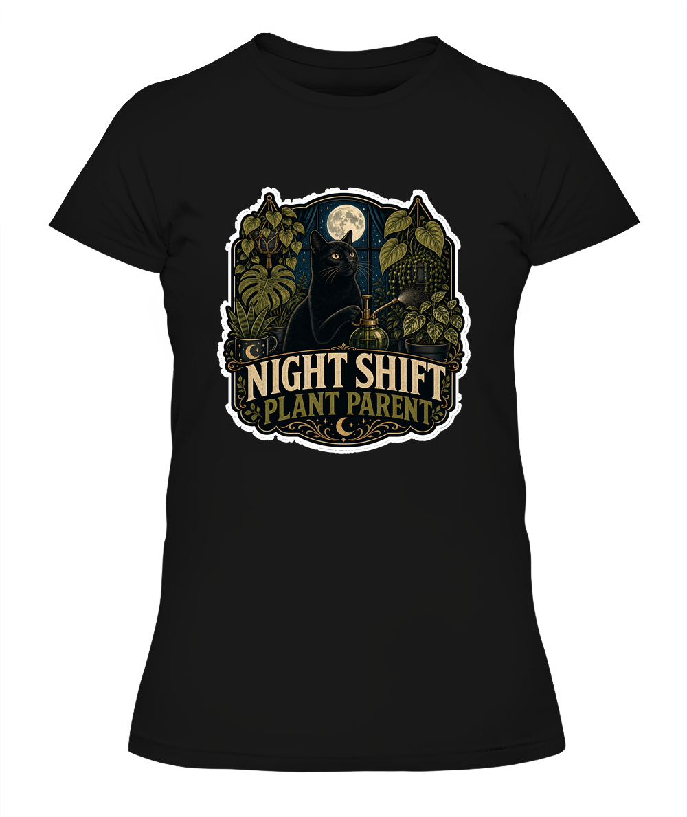 Night Shift Plant Parent Ladies T-Shirt | Black Cat Lover Gift