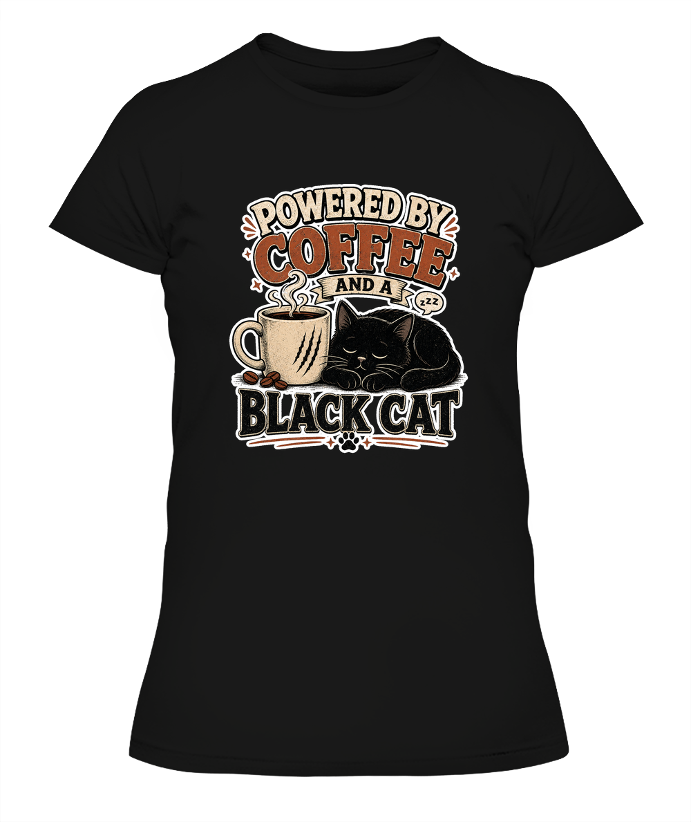 Powered by Coffee and a Black Cat Ladies T-Shirt | Black Cat Lover Gift