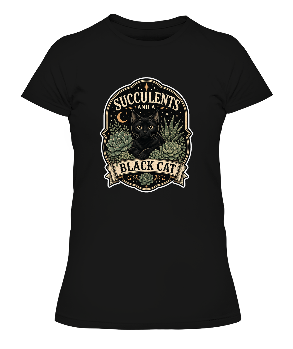 Succulents and a Black Cat Ladies T-Shirt | Black Cat Lover Gift