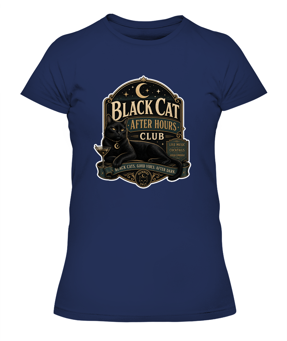 Black Cat After Hours Club Ladies T-Shirt | Black Cat Lover Gift