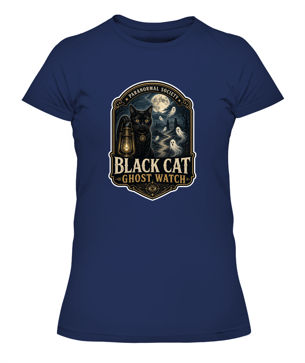 Black Cat Ghost Watch Ladies T-Shirt | Black Cat Lover Gift
