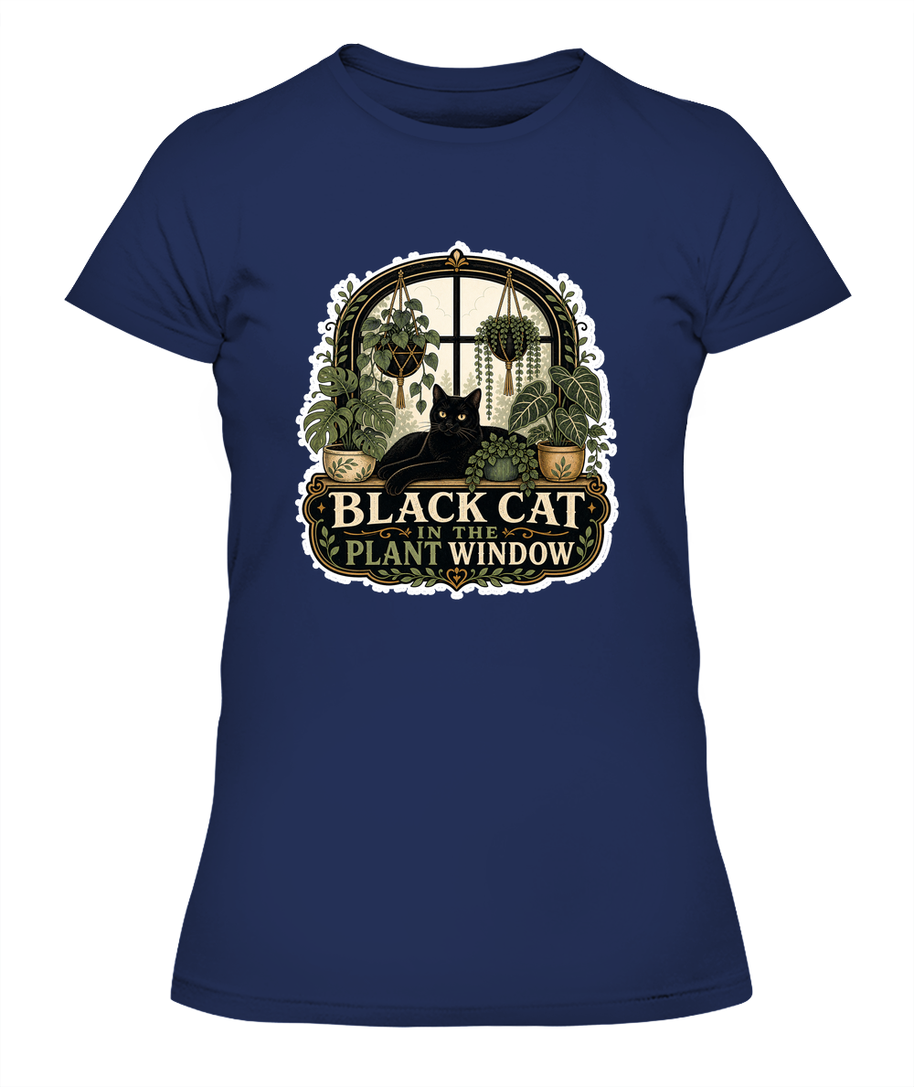 Black Cat in the Plant Window Ladies T-Shirt | Black Cat Lover Gift