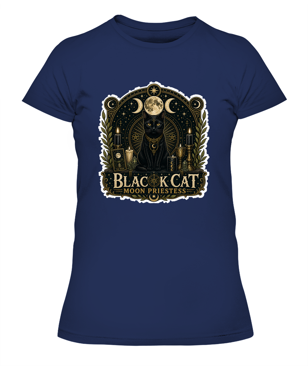 Black Cat Moon Priestess Ladies T-Shirt | Black Cat Lover Gift