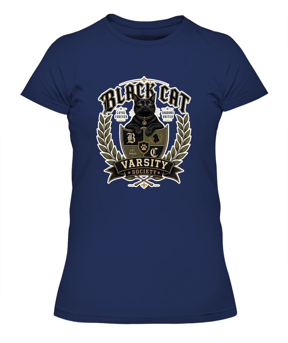 Black Cat Varsity Society Ladies T-Shirt | Black Cat Lover Gift