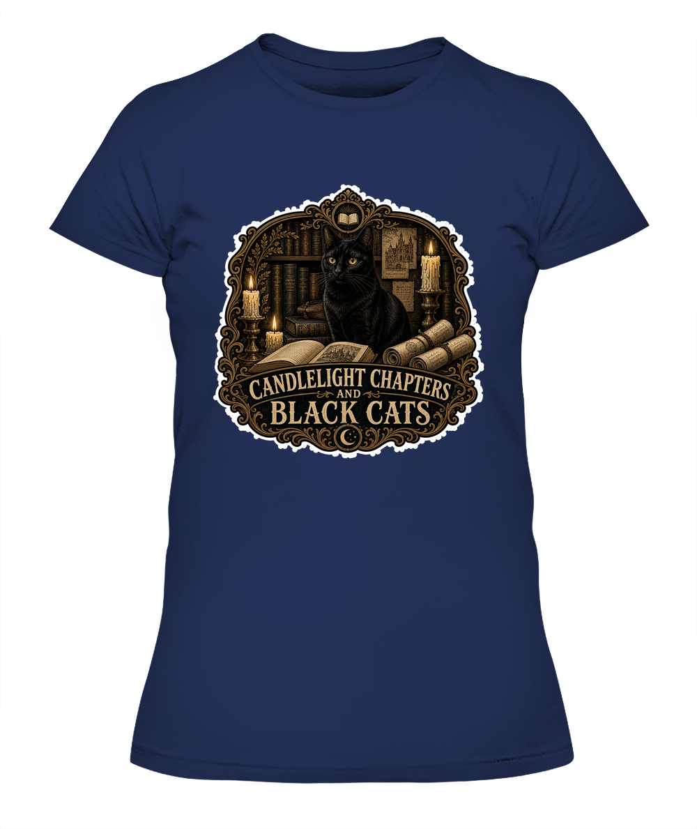 Candlelight Chapters and Black Cats Ladies T-Shirt | Black Cat Lover Gift
