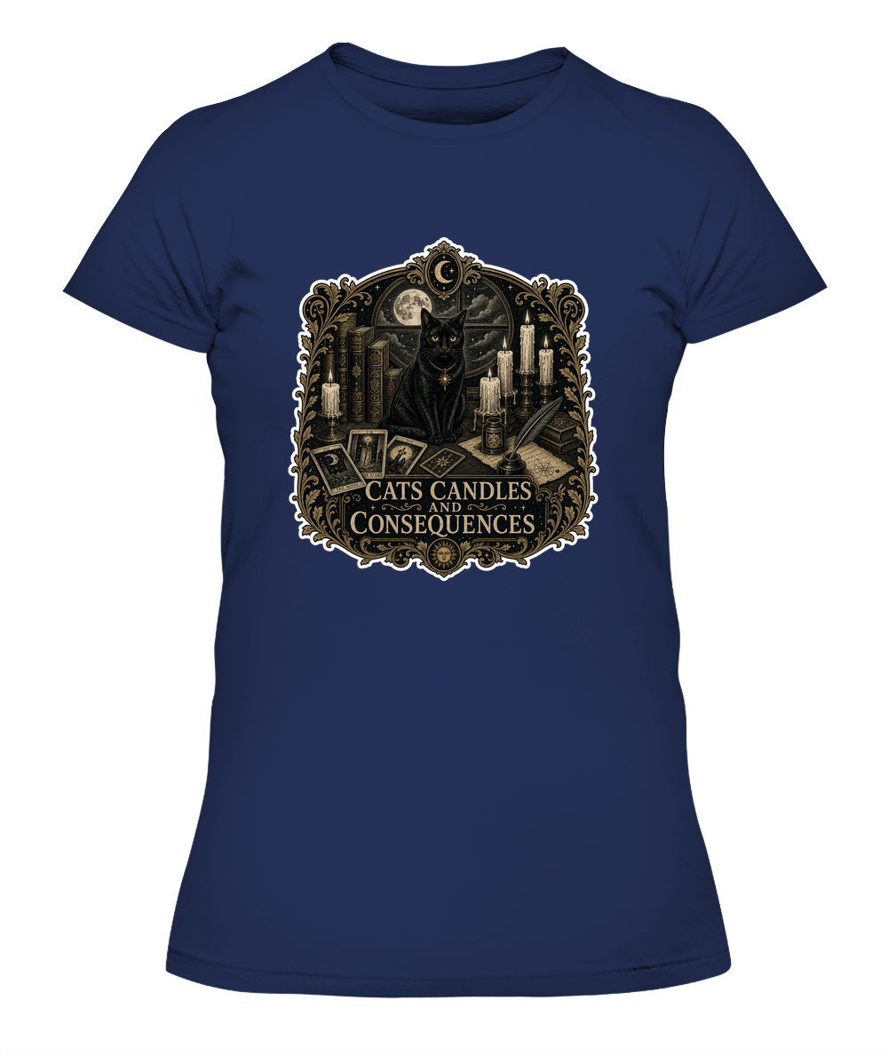 Cats Candles and Consequences Ladies T-Shirt | Black Cat Lover Gift