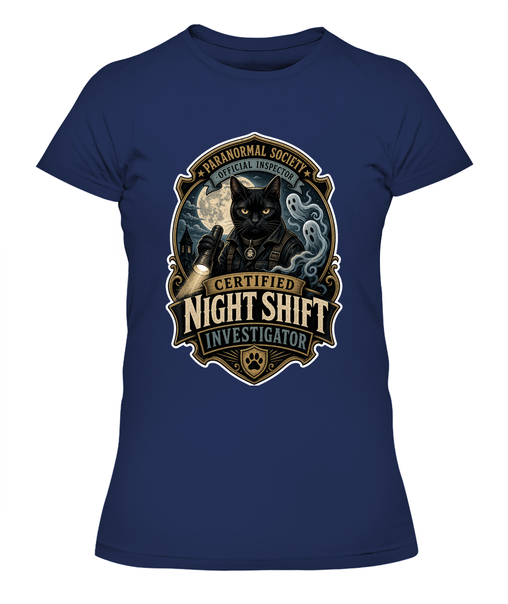 Certified Night Shift Investigator Ladies T-Shirt | Black Cat Lover Gift