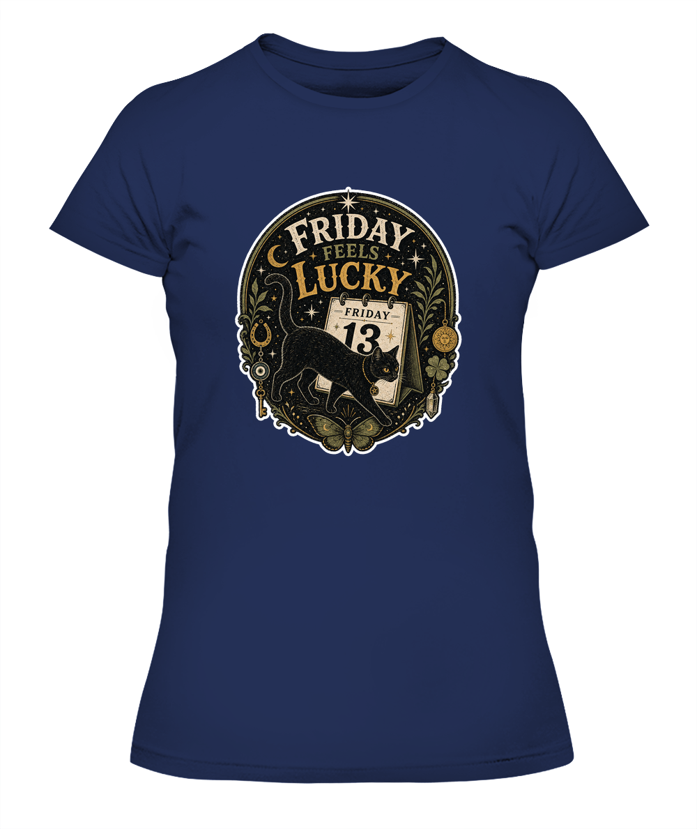 Friday Feels Lucky Ladies T-Shirt | Black Cat Lover Gift