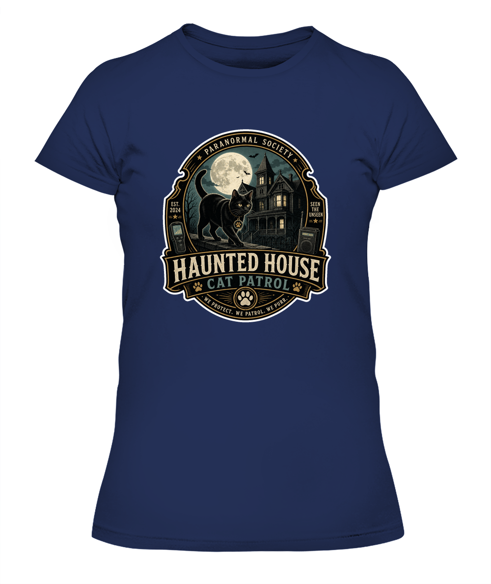 Haunted House Cat Patrol Ladies T-Shirt | Black Cat Lover Gift