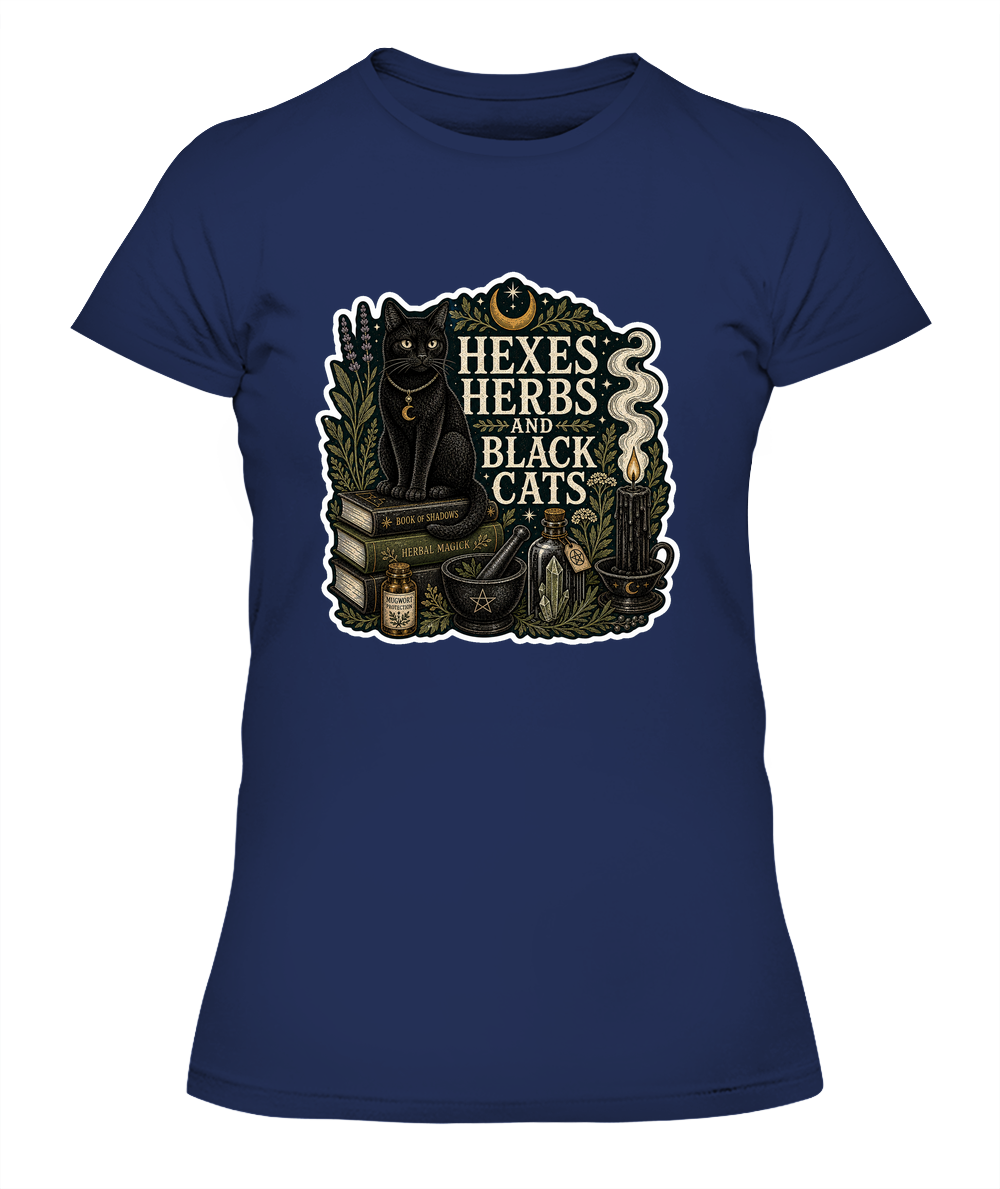 Hexes Herbs and Black Cats Ladies T-Shirt | Black Cat Lover Gift
