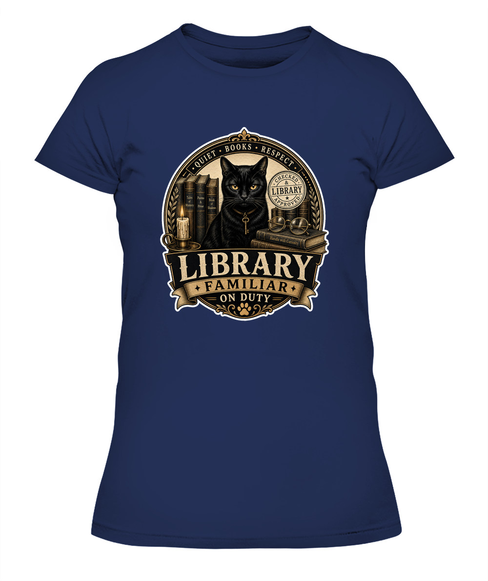 Library Familiar on Duty Ladies T-Shirt | Black Cat Lover Gift