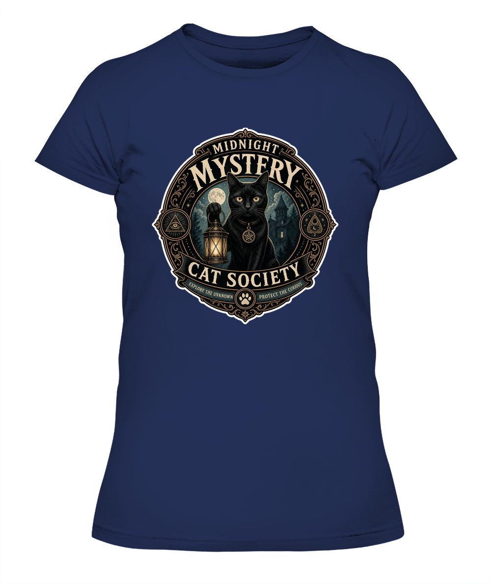 Midnight Mystery Cat Society Ladies T-Shirt | Black Cat Lover Gift
