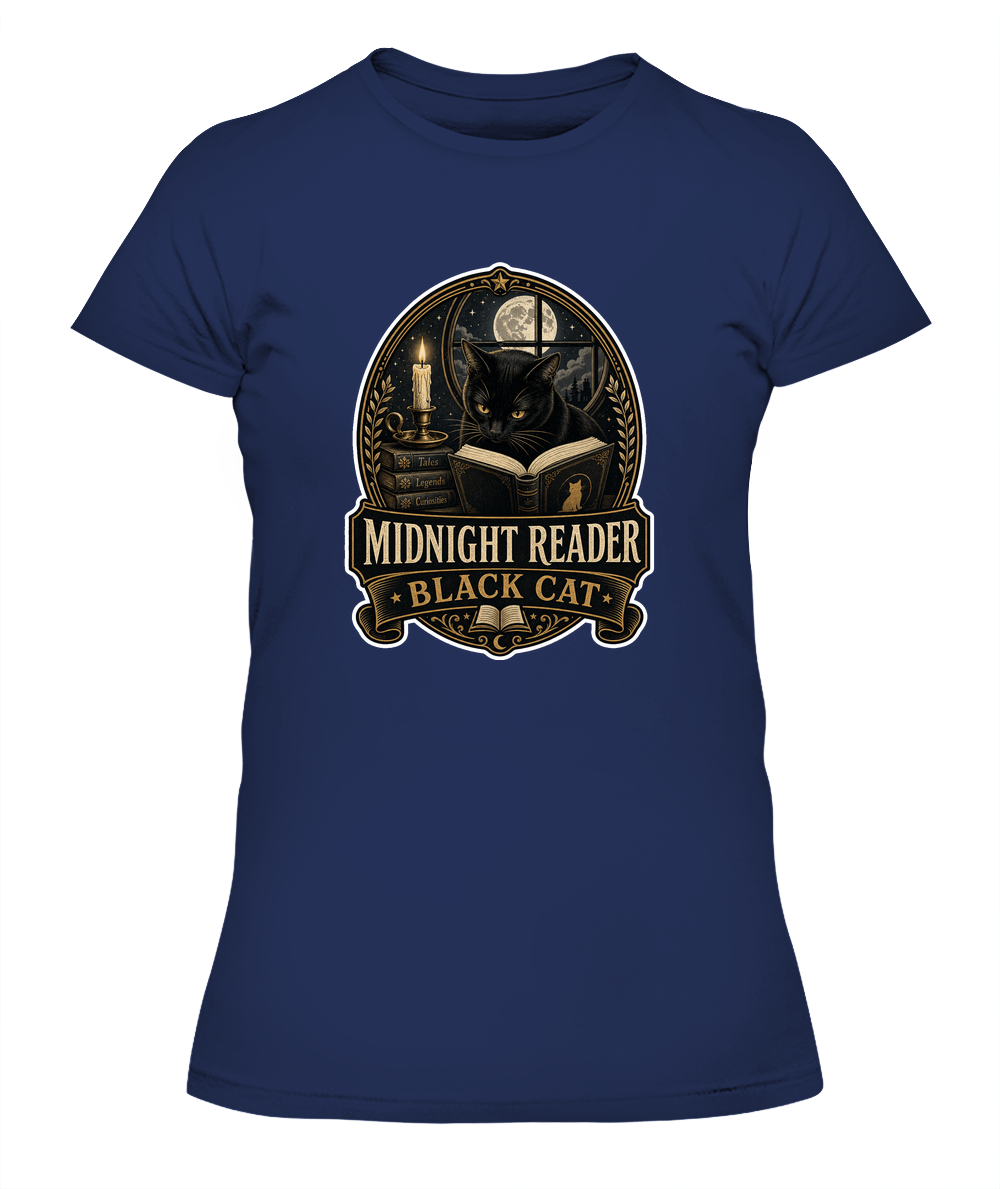 Midnight Reader Black Cat Ladies T-Shirt | Black Cat Lover Gift