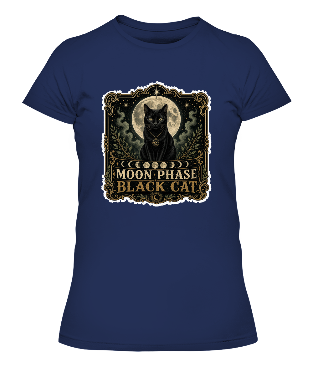 Moon Phase Black Cat Ladies T-Shirt | Black Cat Lover Gift