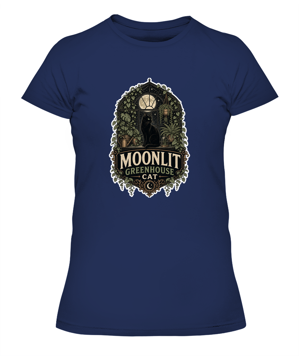 Moonlit Greenhouse Cat Ladies T-Shirt | Black Cat Lover Gift