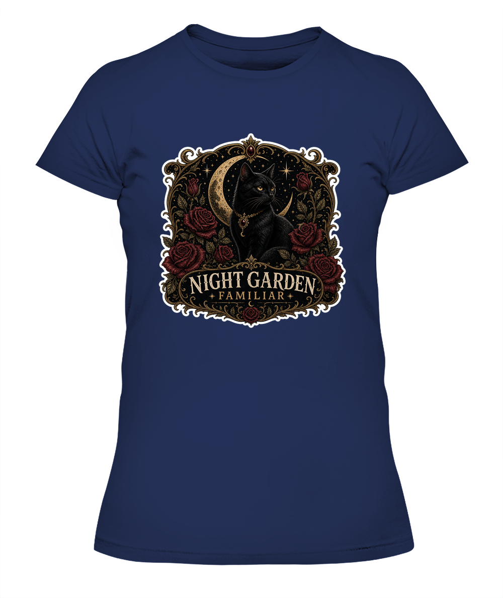 Night Garden Familiar Ladies T-Shirt | Black Cat Lover Gift