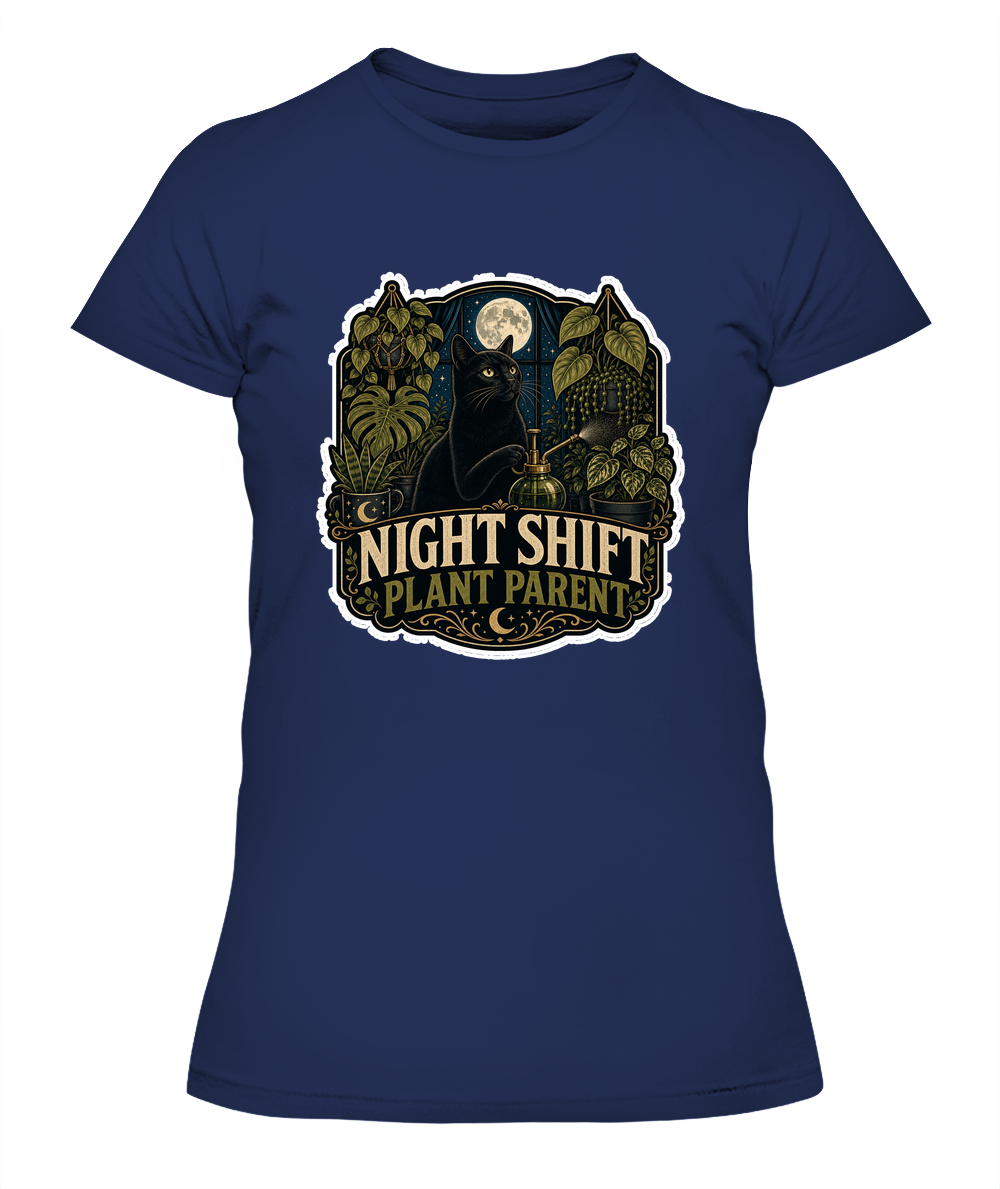 Night Shift Plant Parent Ladies T-Shirt | Black Cat Lover Gift