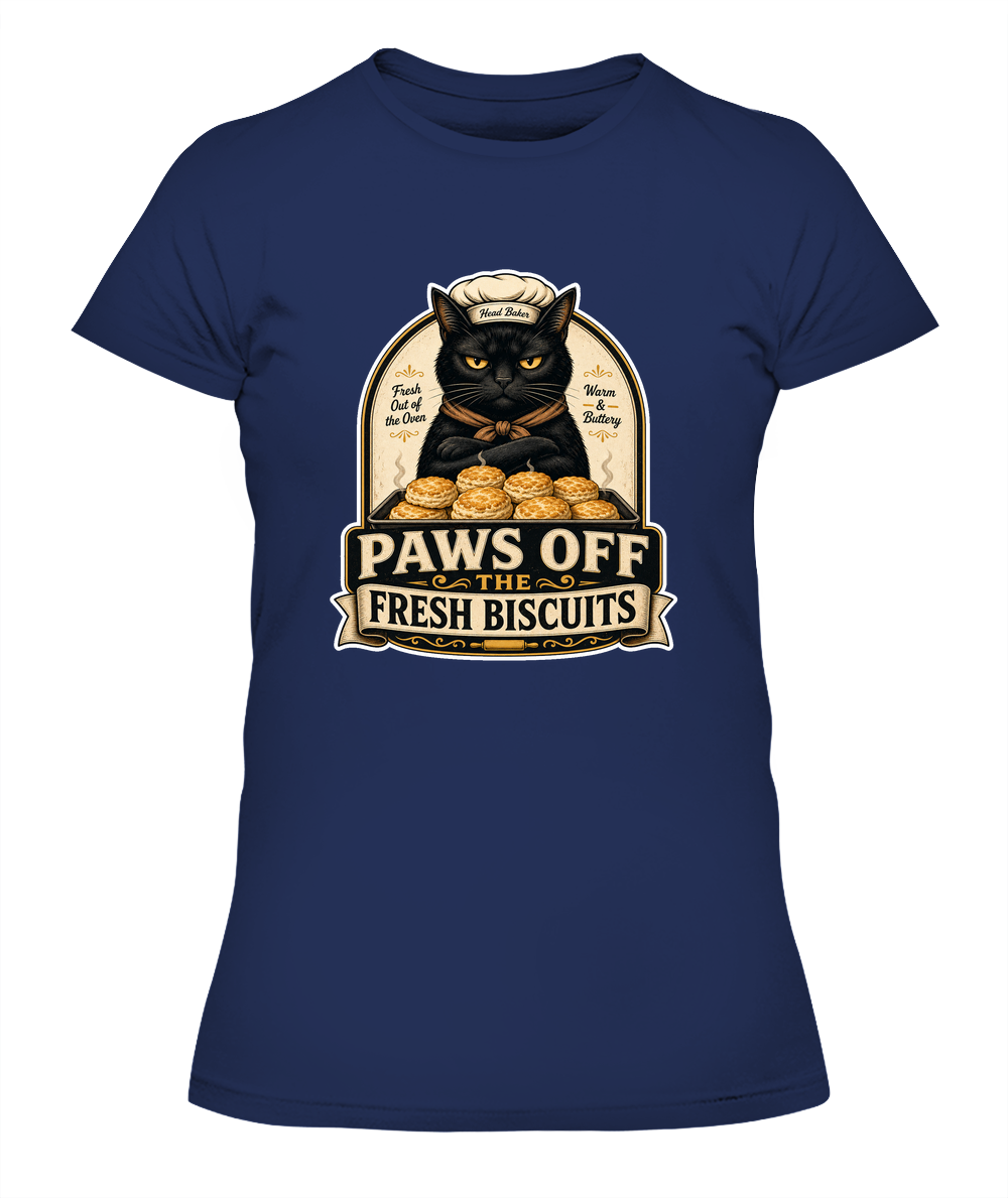 Paws Off the Fresh Biscuits Ladies T-Shirt | Black Cat Lover Gift
