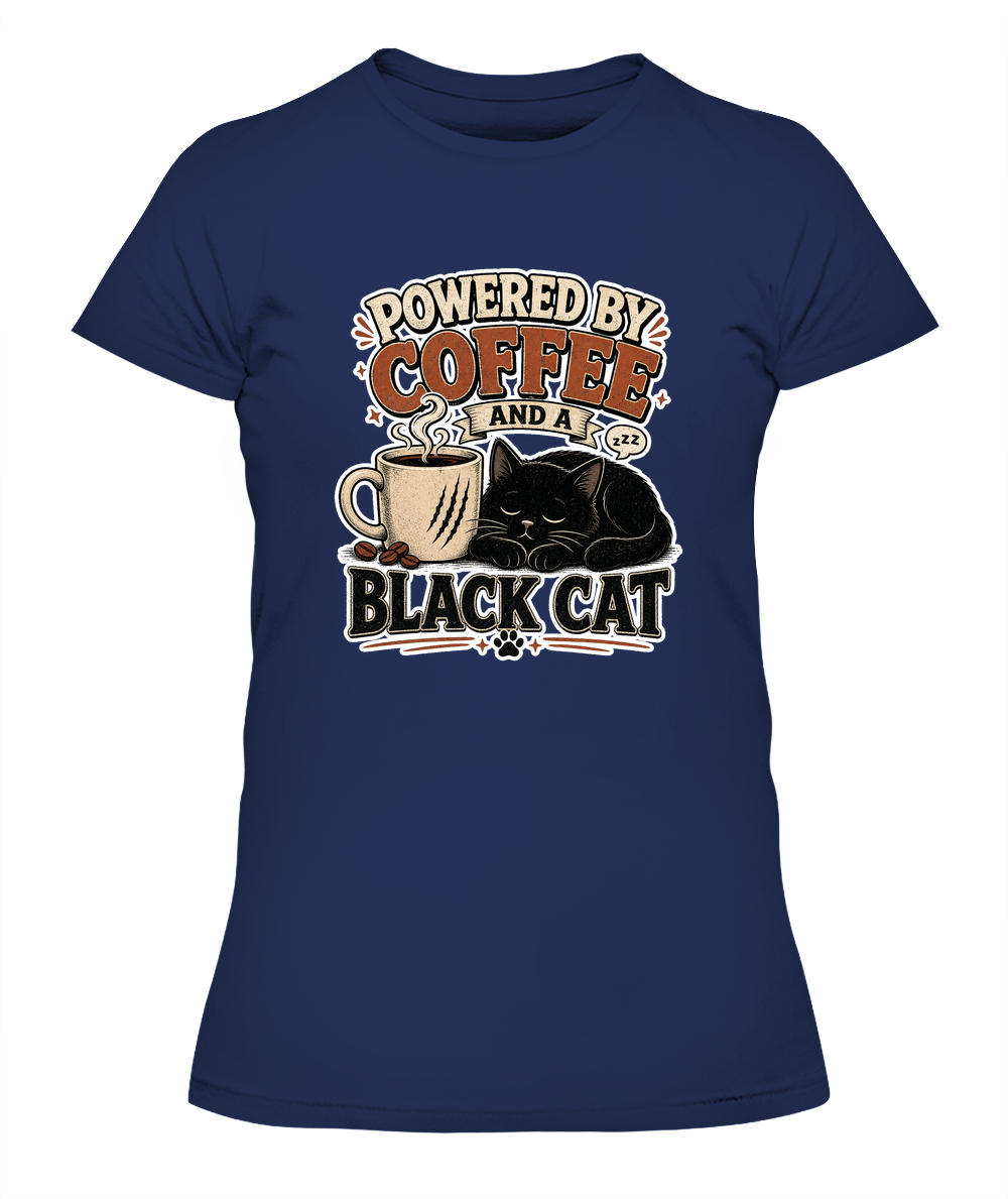 Powered by Coffee and a Black Cat Ladies T-Shirt | Black Cat Lover Gift