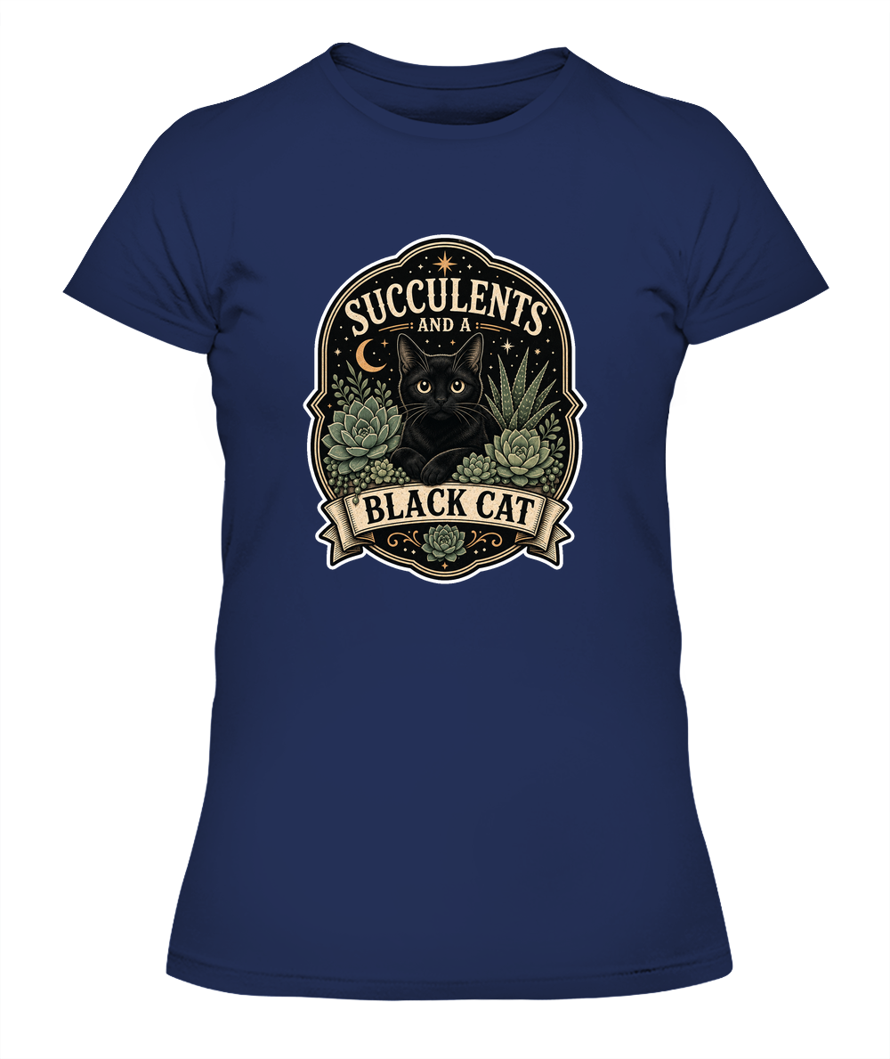 Succulents and a Black Cat Ladies T-Shirt | Black Cat Lover Gift