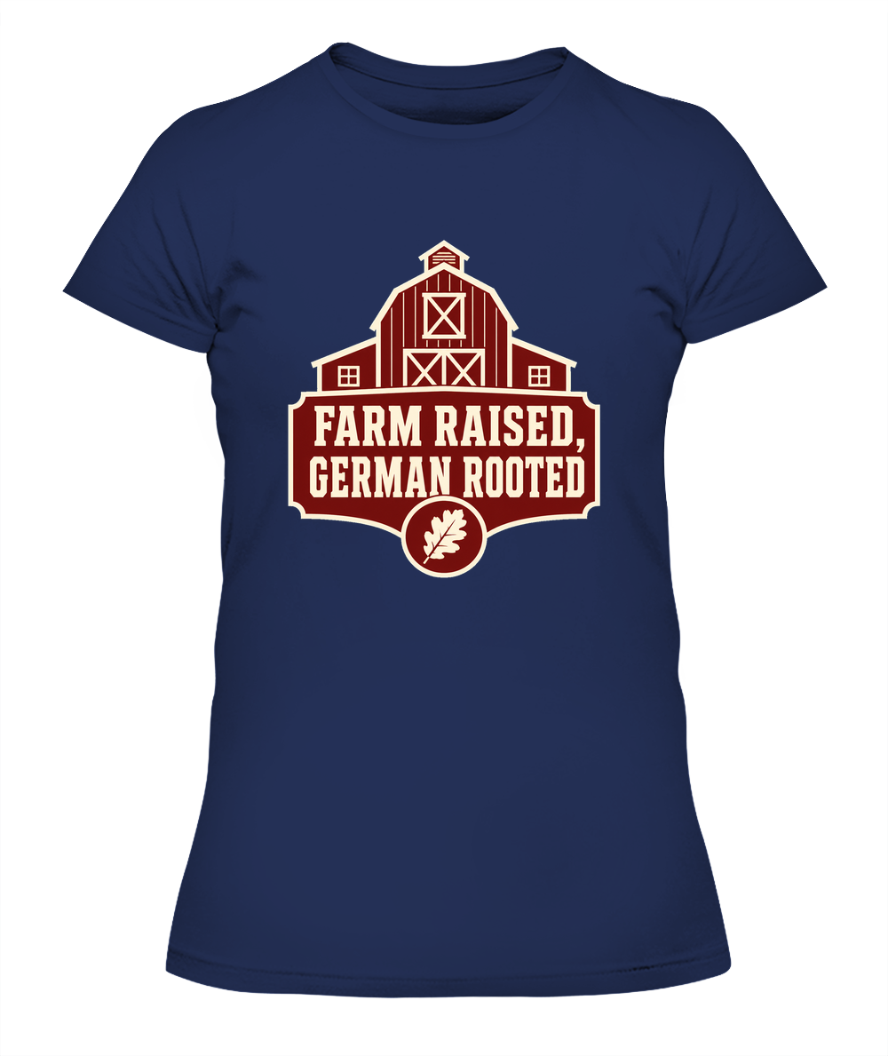 Farm Raised, German Rooted — Lady's T-Shirt in Midnight Navy