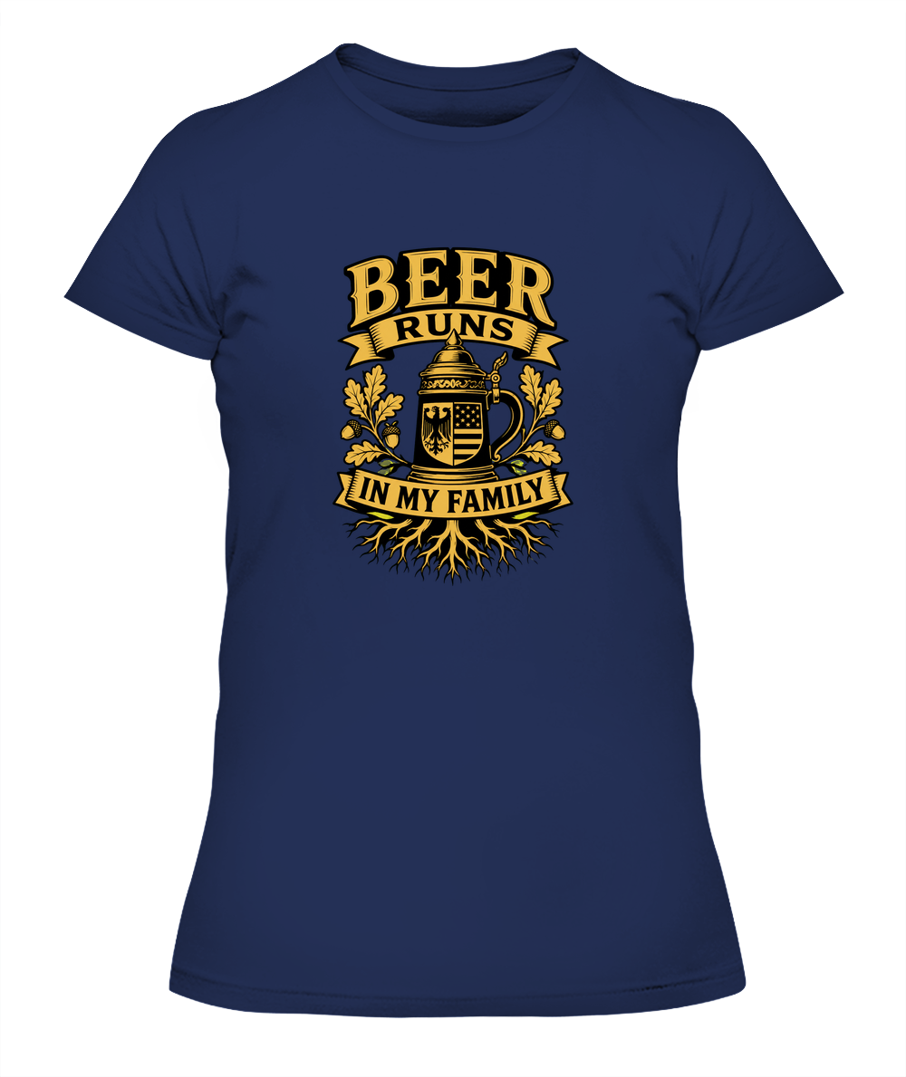 Beer Runs In My Family — Lady's T-Shirt in Midnight Navy