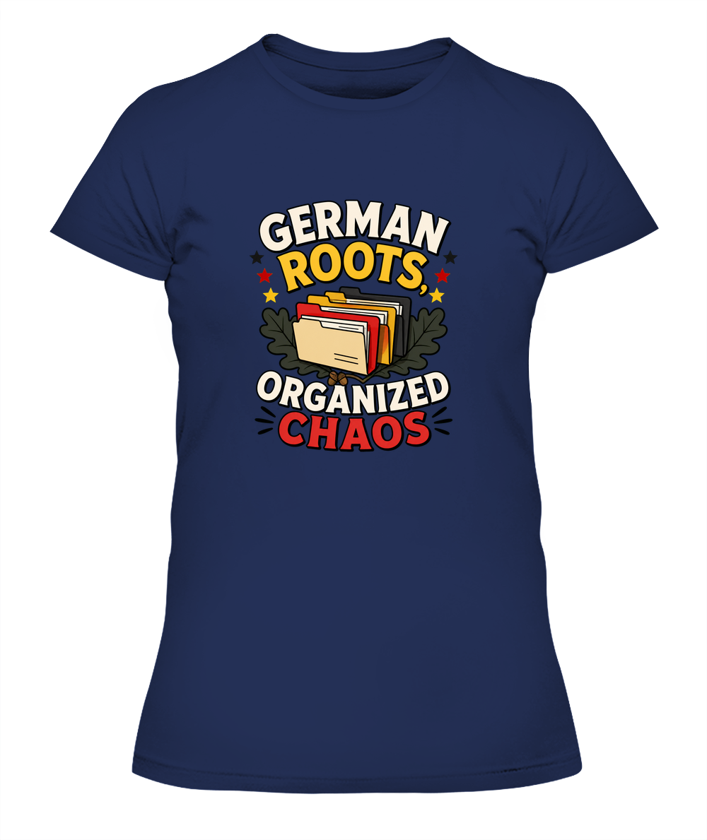 German Roots, Organized Chaos — Lady's T-Shirt in Midnight Navy